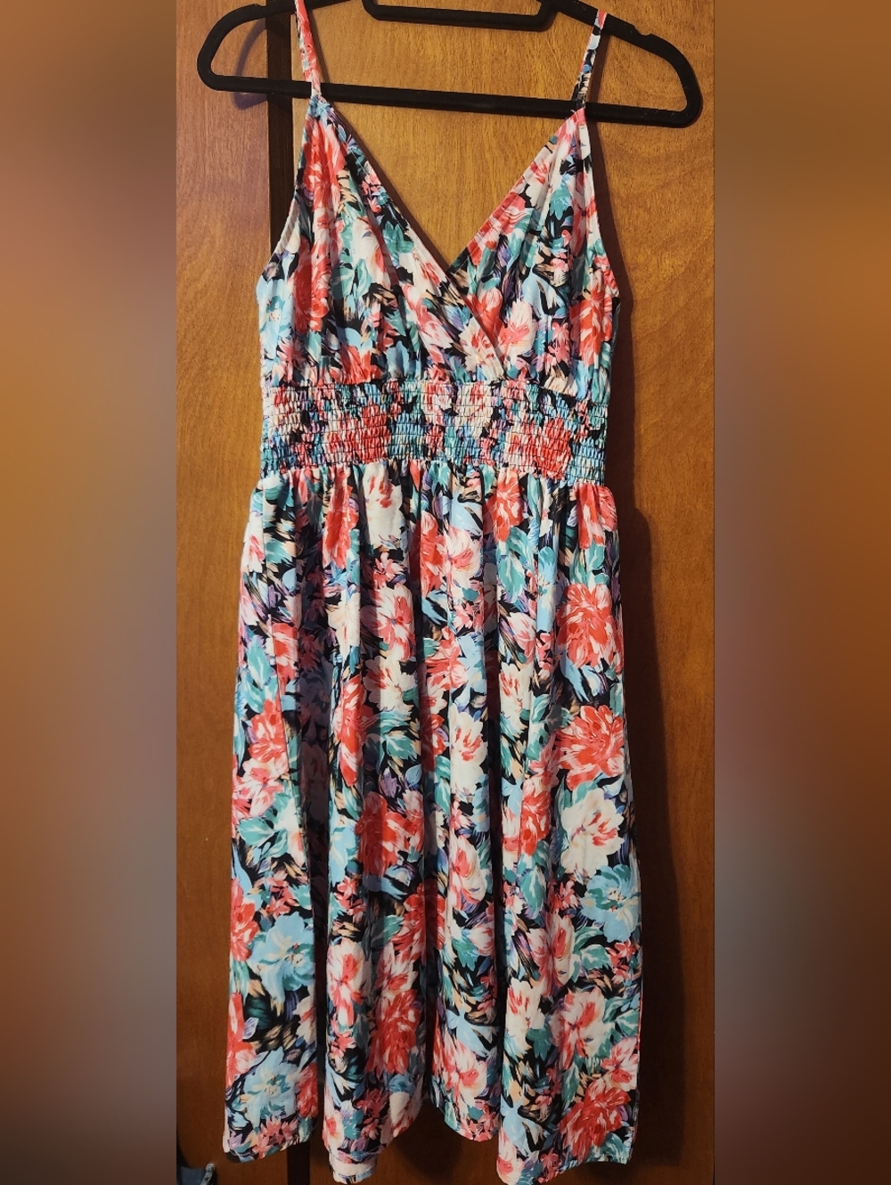 Floral Smocked Waist Sundress - Coral & Aqua
